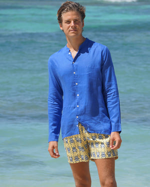 Designer no collar linen shirt by Lotty B Mustique for Pink House summer collections