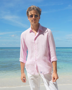 Designer Linen Shirt in plain Pale Pink resort wear by Lotty B Mustique