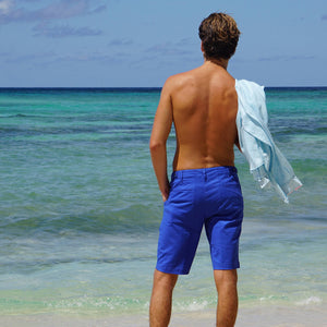 Mens linen shorts in comfort stretch blend, essential resortwear from Pink House Mustique