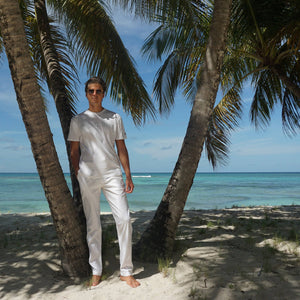 Mens Linen Trousers : CLASSIC WHITE designer Lotty B Mustique holiday beach style