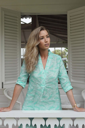 Decima flared pure linen dress in Whale turquoise print by Lotty B for Pink House Mustique vacation style