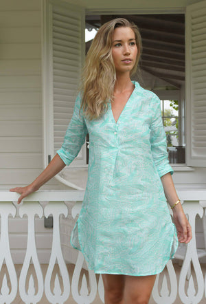 Decima flared pure linen dress in Whale turquoise print by Lotty B for Pink House Mustique luxury resortwear Caribbean lifestyle
