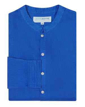 Folded Mens Collarless Linen Shirt : DAZZLING BLUE designer Lotty B for Pink House Mustique