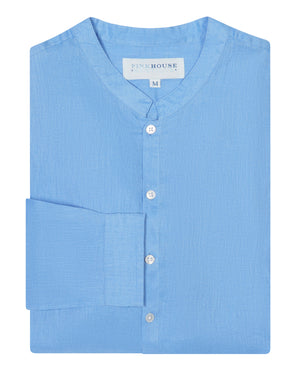 Folded Mens Collarless Linen Shirt : FRENCH BLUE. Designer Lotty B for Pink House Mustique