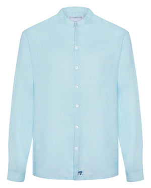 Long Sleeved Mens Grandad Linen Shirt : PALE BLUE. Designer Lotty B for Pink House Mustique. Exclusive Mens resort wear