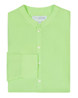 Mens Collarless Linen Shirt : Pistachio Green. Designer Lotty B for Pink House Mustique