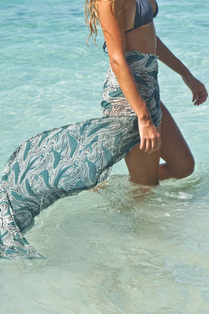 Silk scarf sarong in Whale monochrome design by Lotty B hand screen printed on crepe-de-chine. Mustique holiday lifestyle.