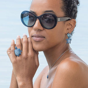 MUSTIQUE SEA LIFE TURTLE Collaboration by Catherine Prevost with Atelier Swarovski in aid of St Vincent and the Grenadines environment fund: Blue Turtle Drop Earrings available at The Pink House Mustique