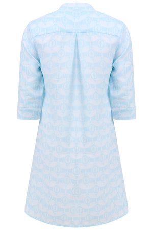 Womens flared Decima dress in pale blue Guava print, holiday fashion by Lotty B Mustique 