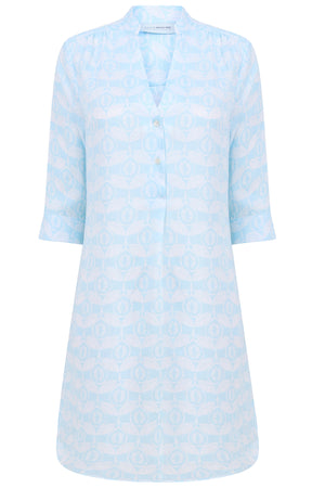 Womens flared Decima dress in pale blue Guava print, resort fashion by Lotty B Mustique 