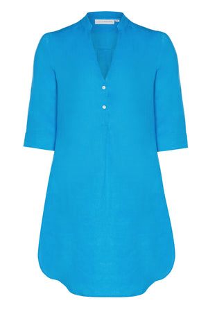 Women's Decima dress in turquoise blue pure linen by Lotty B Mustique resortwear