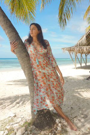 Silk Ellie Kaftan: FLAMBOYANT FLOWER - ORANGE 3/4 length chiffon silk floral resort wear designer Lotty B Mustique Lagoon Bay