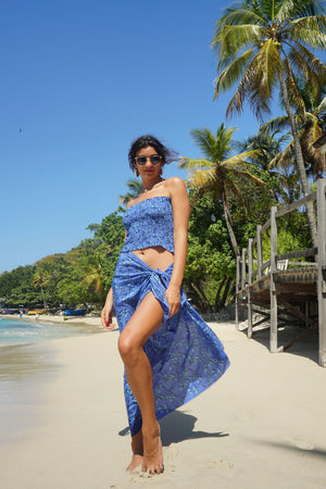 Lotty B Sarong in Silk Crepe-de-Chine: FLAMBOYANT FLOWER - BLUE designer Lotty B Mustique beautiful holiday & beach fashion
