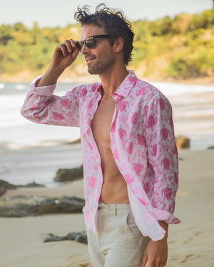 Men's beach style linen holiday shirt in pink Turtle print by designer Lotty B Mustique