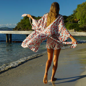 womens floral silk bed to beach robe designer Lotty B Mustique lifestyle