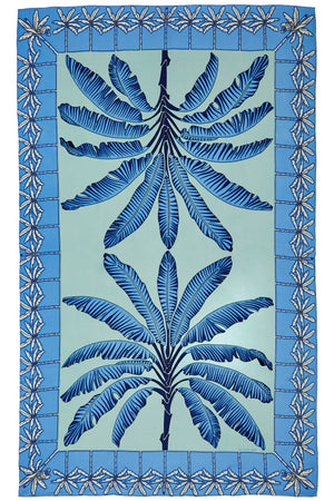 Large pure silk sarong in Banana Tree blue design by Lotty B Mustique luxury holiday style