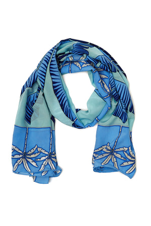 Large pure silk scarf in Banana Tree blue design by Lotty B Mustique