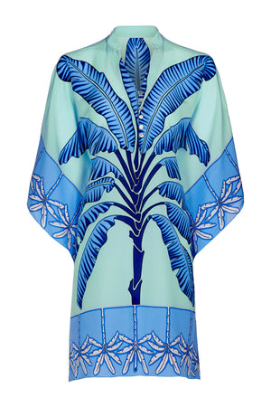 Lotty Kaftan: BANANA TREE - BLUE by designer Lotty B Mustique, luxury silk clothig