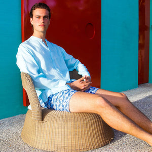 Mens designer swim shorts in Guava blue by Lotty B Mustique summer style