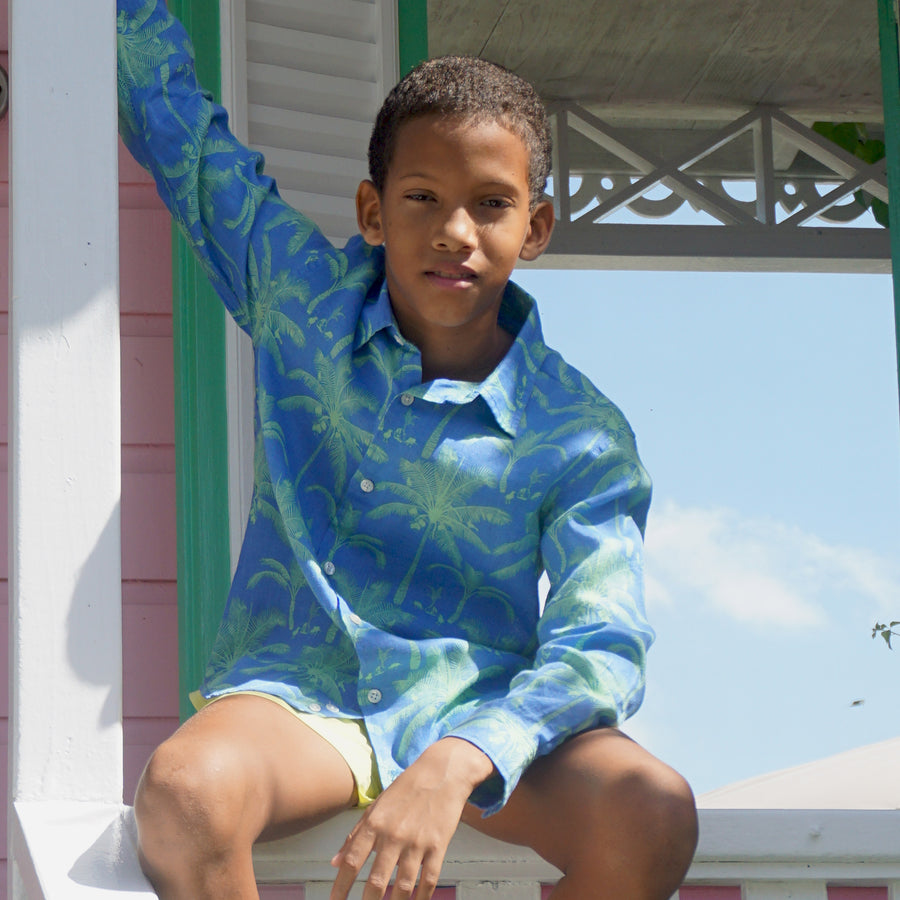 Kids tropical vacation shirt, green & blue palm tree print by Lotty B Mustique