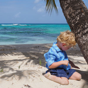 Childrens Linen Shirt: FISH - TURQUOISE designer Lotty B Mustique kids vacation wear