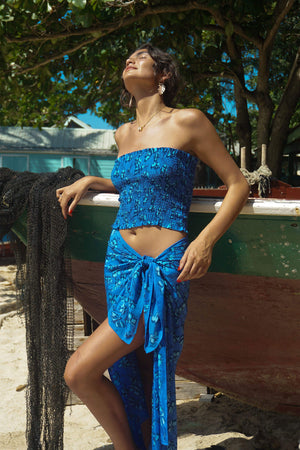 Lotty B Sarong in Silk Crepe-de-Chine: FLAMBOYANT FLOWER - BLUE designer Lotty B Mustique high end Resort wear