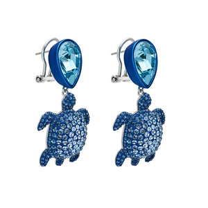 Drop earrings - Swarovski Crystal in Dark Sapphire; blue lacquer; palladium plating; brass; pierced clip back closure; designed by Catherine Prevost for Atelier Swarovski
