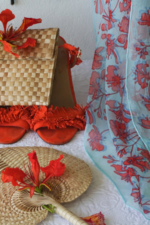 Summer party accessory, luxury chiffon silk sarong in Flamboyant flower orange print by Lotty B Mustique