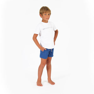 Boys swim trunks : REGATTA BLUE with kids Mustique applique T shirt White