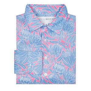 Kids holiday shirt in protea pink & blue print