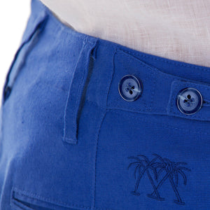 Mens linen shorts in comfort stretch blend,  embroidery & corozo button detail