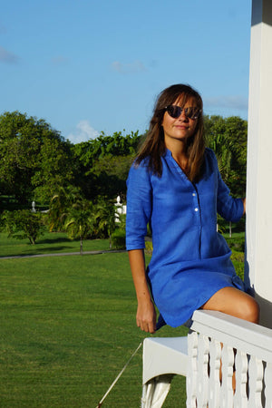 Linen Decima Dress in dazzling blue, designer Lotty B Mustique summer styles