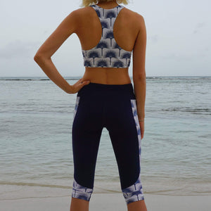 Contour panel cropped leggings : FAN PALM NAVY Designer Lotty B, Mustique lifestyle