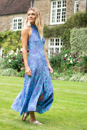 long wedding party dress in violet & turquoise blue Protea print by Lotty B Mustique 