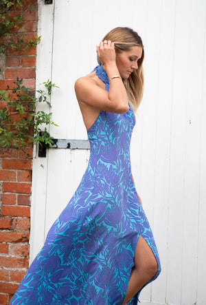 flattering long backless Dena dress in violet & turquoise blue Protea print by Lotty B Mustique 