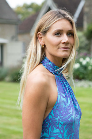 long ruffle neck Dena dress in violet & turquoise blue Protea print by Lotty B Mustique