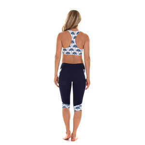 Contour panel cropped leggings back : FAN PALM NAVY worn with matching cropped top Designer Lotty B Mustique