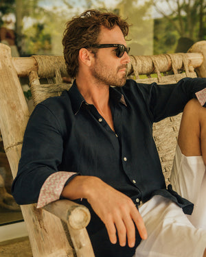 Luxury men's fashion linen shirt in navy eclipse blue