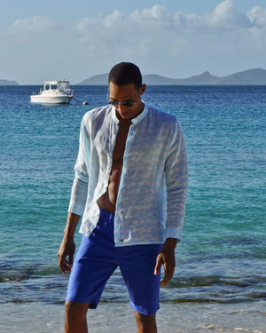 Mens Collarless Linen Shirt Guava pale blue designed by Lotty B Mustique vacation wear