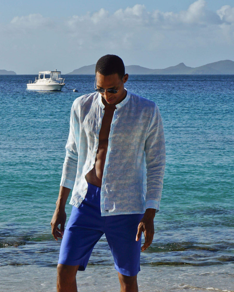 Mens Collarless Linen Shirt Guava pale blue designed by Lotty B Mustique Caribbean inspired Resort wear