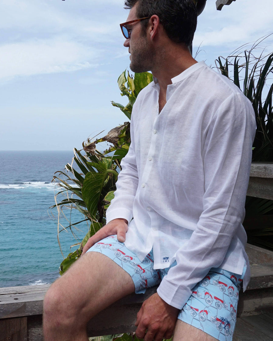 Folded Mens Collarless Linen Shirt : CLASSIC WHITE by designer Lotty B Mustique for Pink House