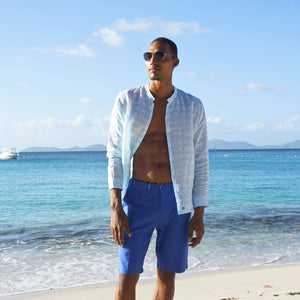 Mens linen shorts in comfort stretch blend, essential vacation clothing from Pink House Mustique