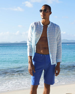 Mens Collarless Linen Shirt Guava pale blue designed by Lotty B Mustique beautiful beach fashion