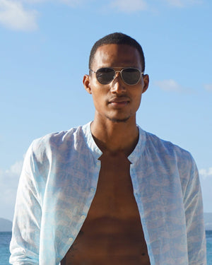 Mens Collarless Linen Shirt Guava pale blue designed by Lotty B Mustique summer island style
