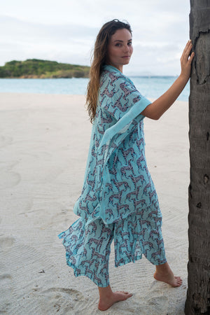 Designer silk crepe Jade poncho in Lurcher aubergine pale blue and matching palazzo pants