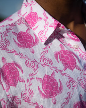 Men's linen shirt quality and detail in pink Turtle print by designer Lotty B Mustique