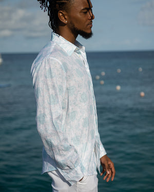 Men's elegant linen holiday shirt in aqua blue Turtle print by designer Lotty B Mustique