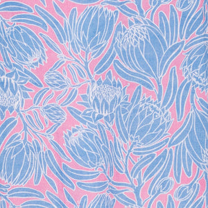 Linen swatch for Protea pink and blue print designer Lotty B Mustique