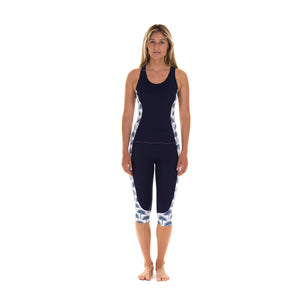 Contour panel cropped leggings : FAN PALM NAVY worn with matching racer sports top Designer Lotty B Mustique