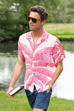 Lotty B mens silk holiday shirt in tropical Banana print sunset pink